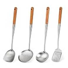 FJNATINH Wokspatel, slev, skumsked och spatel verktygssats, 43,2 cm, 4 st wok spadeset, 304 rostfritt stål