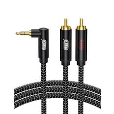 EMK RCA-kabel vinkelkontakt 3,5 mm till 2 RCA kabel 90 grader 3,5 mm Jack Y Splitter Cable RCA (R&L) nylon flätad rektangulär AUX för smartphone, högtalare, soundbar, TV, bilstereo (3 meter)