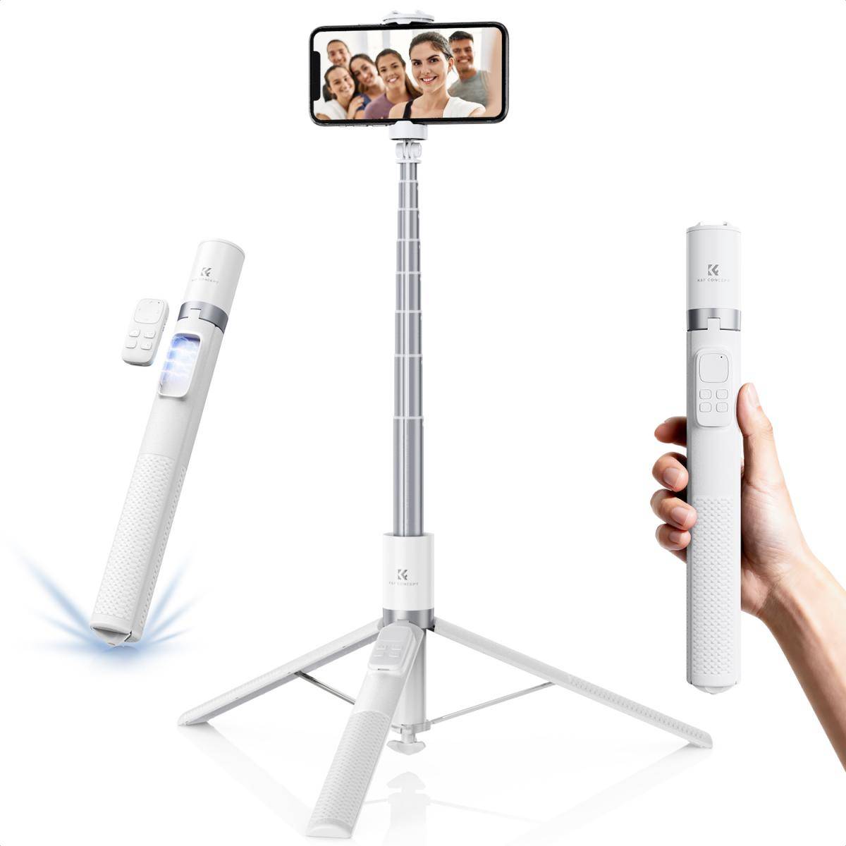 KENTFAITH K&F Concept Self-Open Selfie Stick, Selfie Stick Tripod with Rechargeable Bluetooth Remote Control, Phone Holder for Vlog, Foldable and Lightweight Design, Compatible with iPhone/Android, White