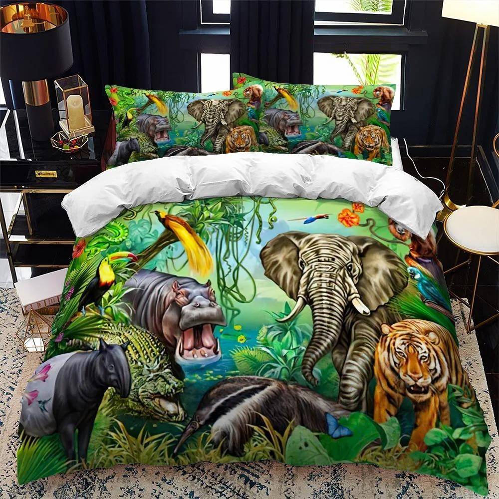 Tecknad Zoo Djur Sängklädesset Pojkar Flickor Enkel Queen Size Påslakan Örngott Säng Barn Vuxen Mode Hemtextil 70x133cm 2pcs