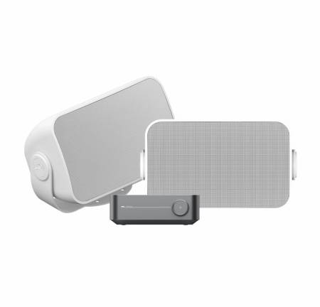 WiiM Amp Pro & vita utomhushögtalare från Sonos och Sonance, par