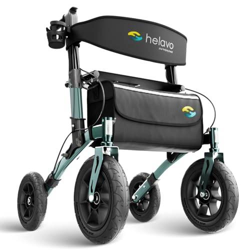 HELAVO utomhusrollator med luftdäck - hopfällbar utomhusrollator i aluminium med sits - maximal rörlighet och komfort utomhus