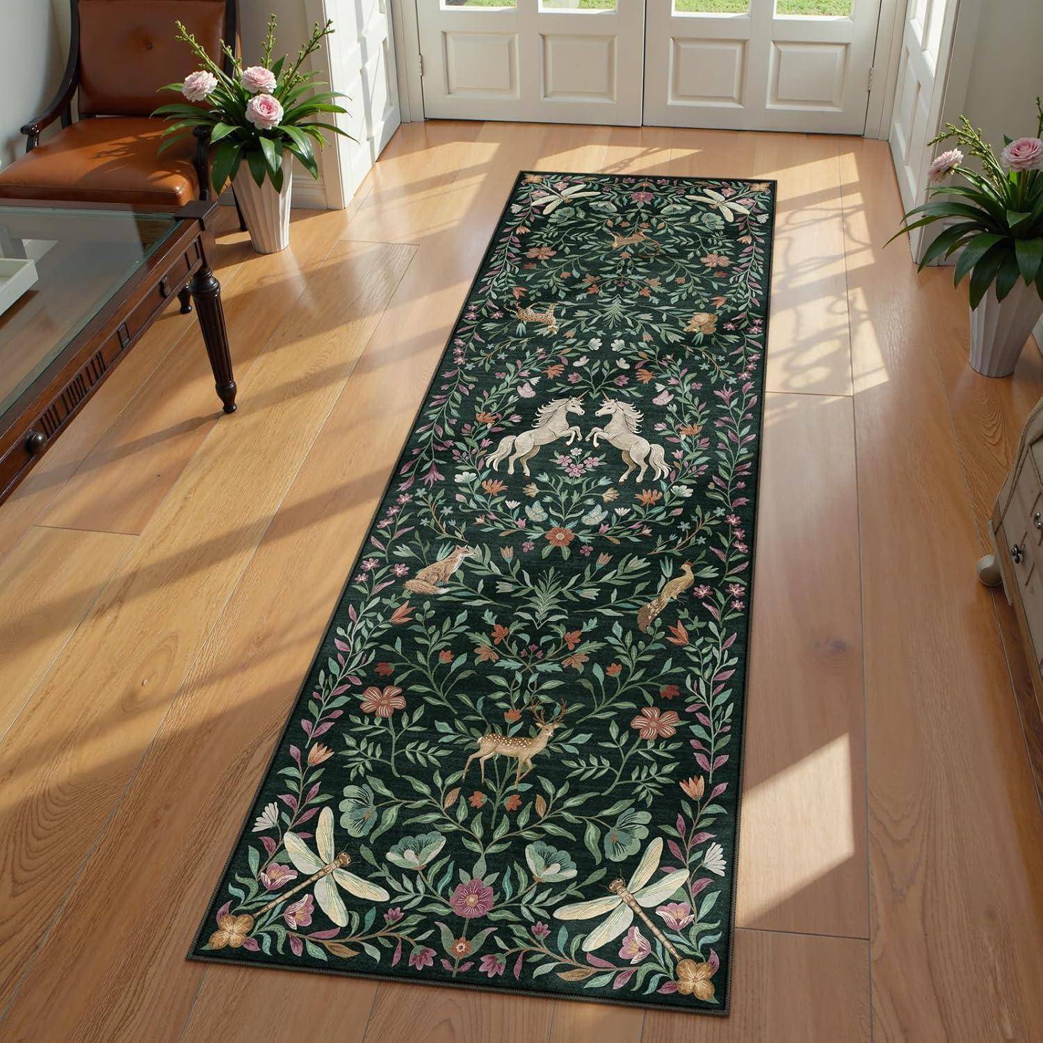 Runner Rug Non-slip Soft Machine Washable Easy To Fold Floor Mat Unicorn Flowers Corridor Carpet Long Size Home Decoration Mats 50x160cm