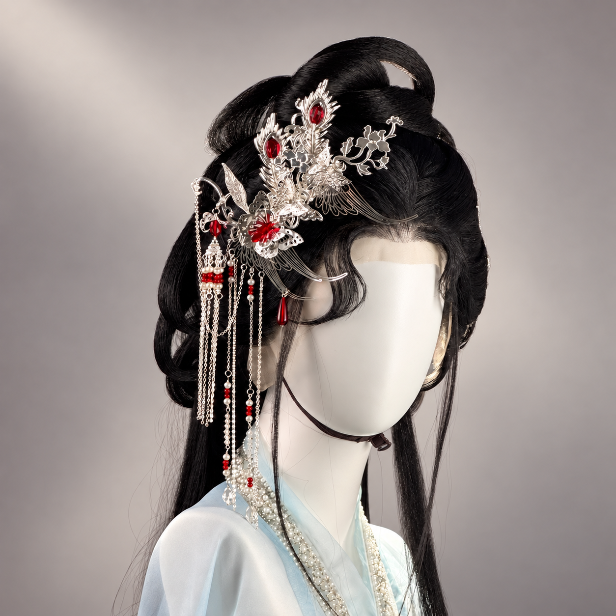 Butterfly Tassel Hair Clip | Silver-Tone Side Ornament - Red Accents — 1 Clip
