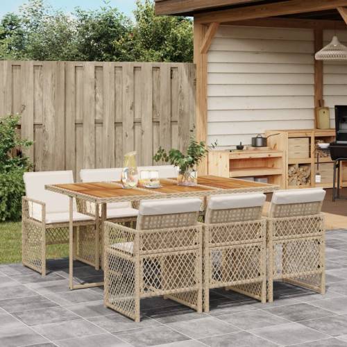 Matgrupp för trädgården med dynor 7 delar beige konstrotting