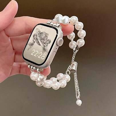 1 st. lyxigt förlängbart klockarmband i metall med guldfärgad pärlkedja för kvinnor, passar 38/40/41/44/45/49/42/46 mm för Apple Watch S11/SE3/Ultra3/ - vit silverkedja (Multi-size)