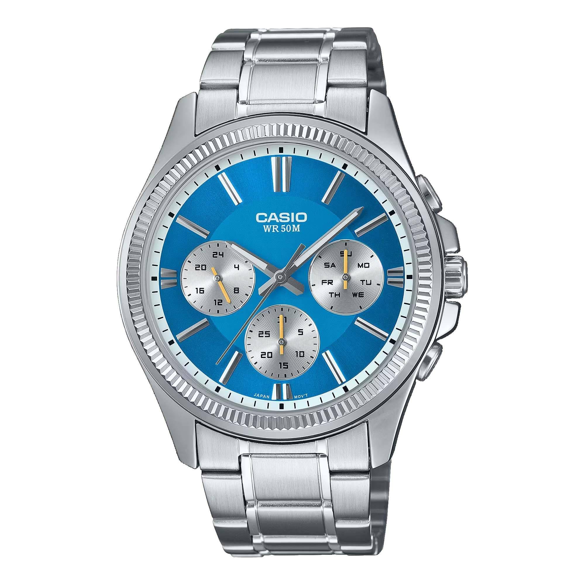 Casio Stainless Steel Fluted Bezel Multifunction Aqua Blue Dial Blue Modern MTP1375D-2A2V Men's Watch, Modern, Blue, blå