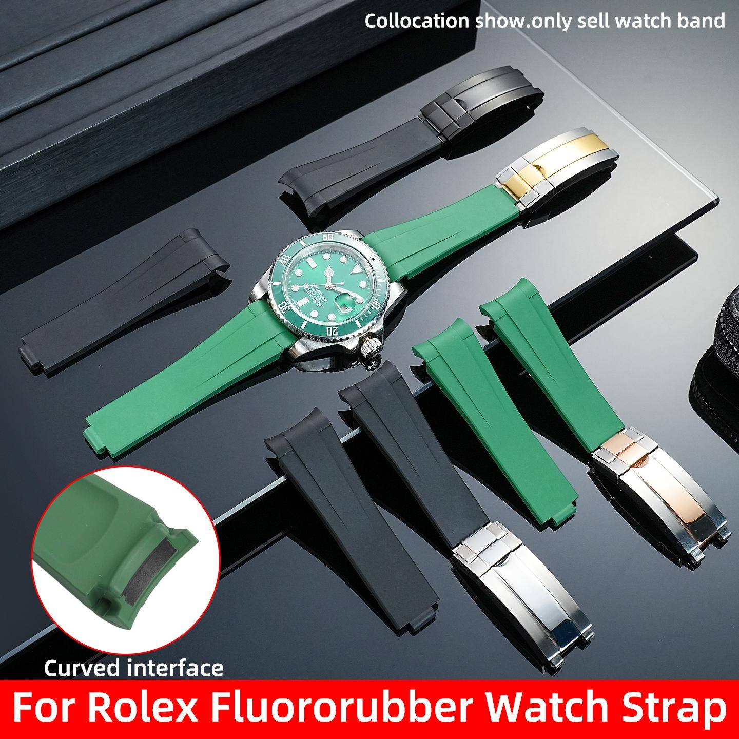 Högkvalitativ 20 mm FKM Fluorgummiband för Rolex Datejust Submariner Daytona Svart Grön Vattenspök Böjd Ände Klockband