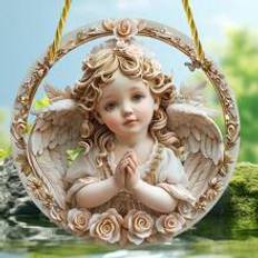 1pc 2D Acrylic Angel With White Wings And Golden Curled Hair Suncatcher, Suitable For Porch, Bedroom, Room, Office Luxury Home Decor Gift