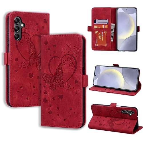 CASAFUNY Samsung Galaxy S24 Plus, stötsäkert fodral, Samsung S24 Plus 5G, magnetiskt läderfodral, flipskyddsfodral för Samsung Galaxy S24 Plus 5G, rött