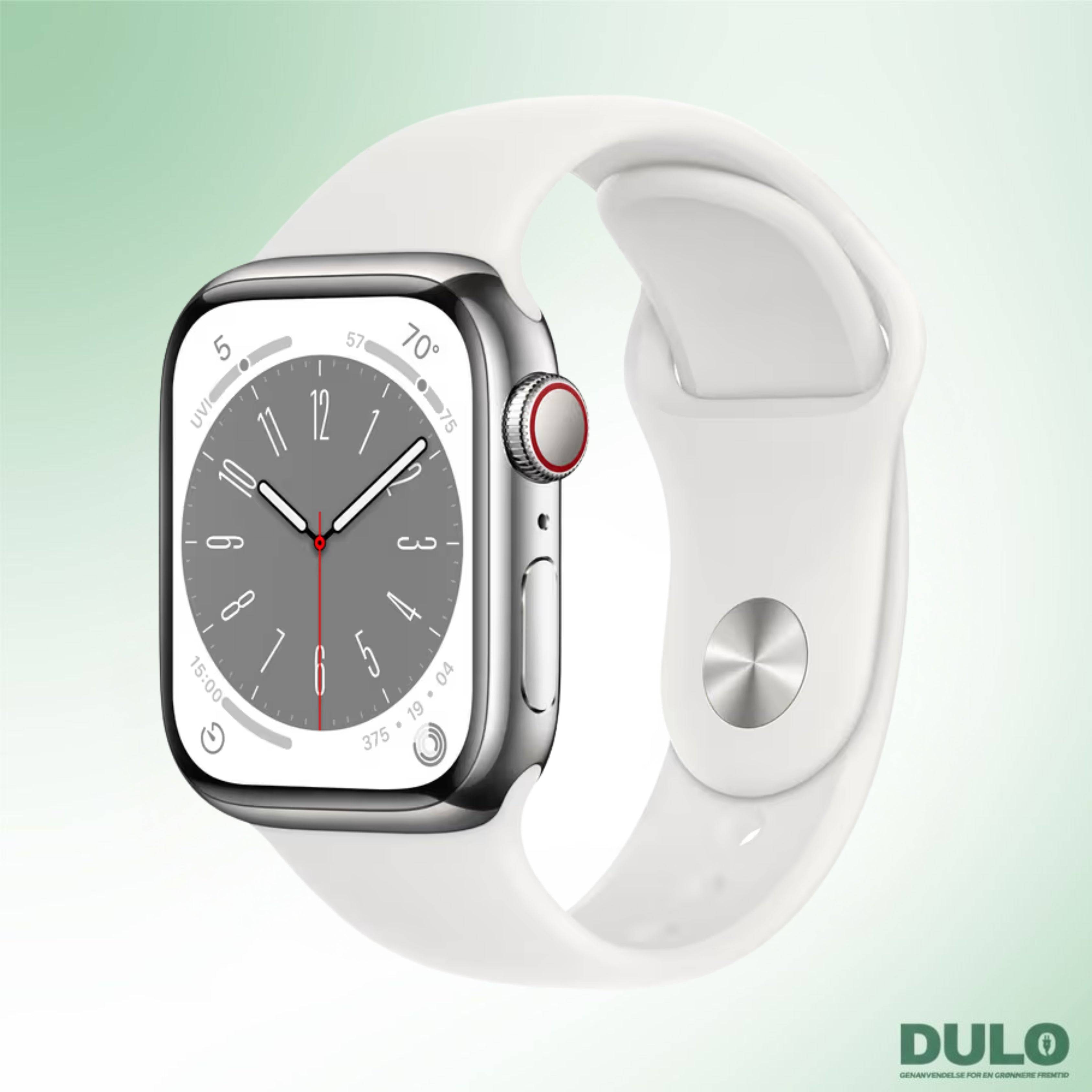 Apple Watch Series 8, 45mm, GPS + Cellular - Okay / Hvid / Sølv (rustfrit stål)