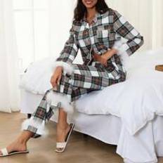 Kvinnor Julpläd Pyjamas Set Gingham Feather Trim Långärmade Button Down-skjortor Toppar och byxor Set Höst Vinter Sovkläder Nattkläder Loungewear Xmas - Svart och Vitt - L,M,S