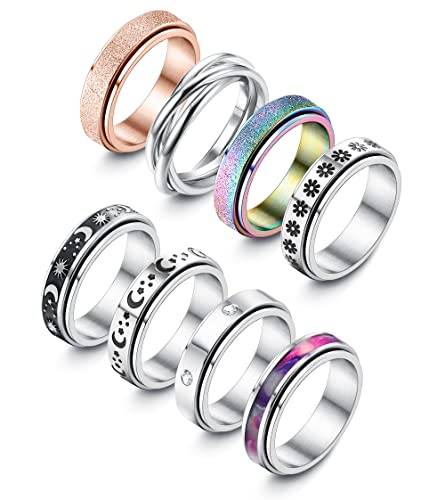 Adramata 8 Pcs Fidget Ring für Damen Herren Spinner Ringe für Anti Stress