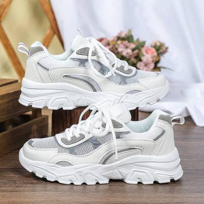 Herrsneakers, vita och grå färgblocksminimalistiska platåskor, kilklackade utomhussportskor, multifunktionella landsvägslöparskor, tjocka gymnastiksko - vit aska (EUR35,EUR36,EUR37,EUR38,EUR39,EUR40,EUR41,EUR42,EUR43,EUR44,EUR45)