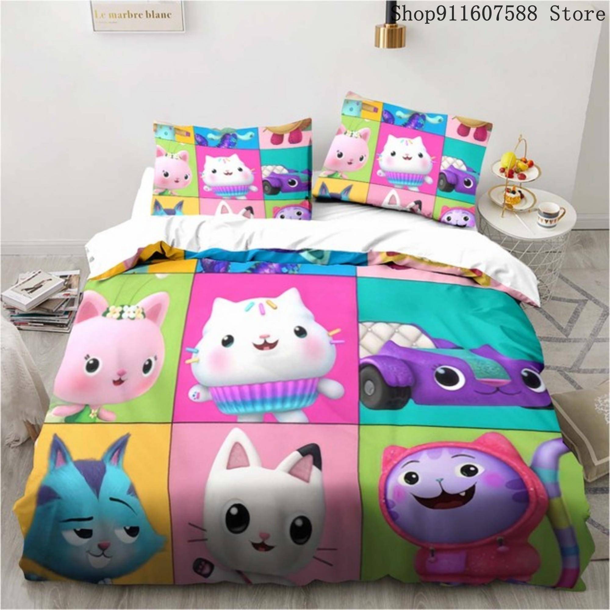 Gabbys dockhus Sängklädesset Kawaii Sänglinneset Enkel Dubbel Storlek Heminredning För Flickor Barn Tecknad Söt Katt Påslakanset cot size70x133cm2pc