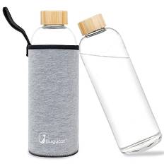 Bugucat Vattenflaska 1 liter, glas av borosilikat med skyddande fodral, läckagesäker vattenflaska för kalla och varma drycker, grå