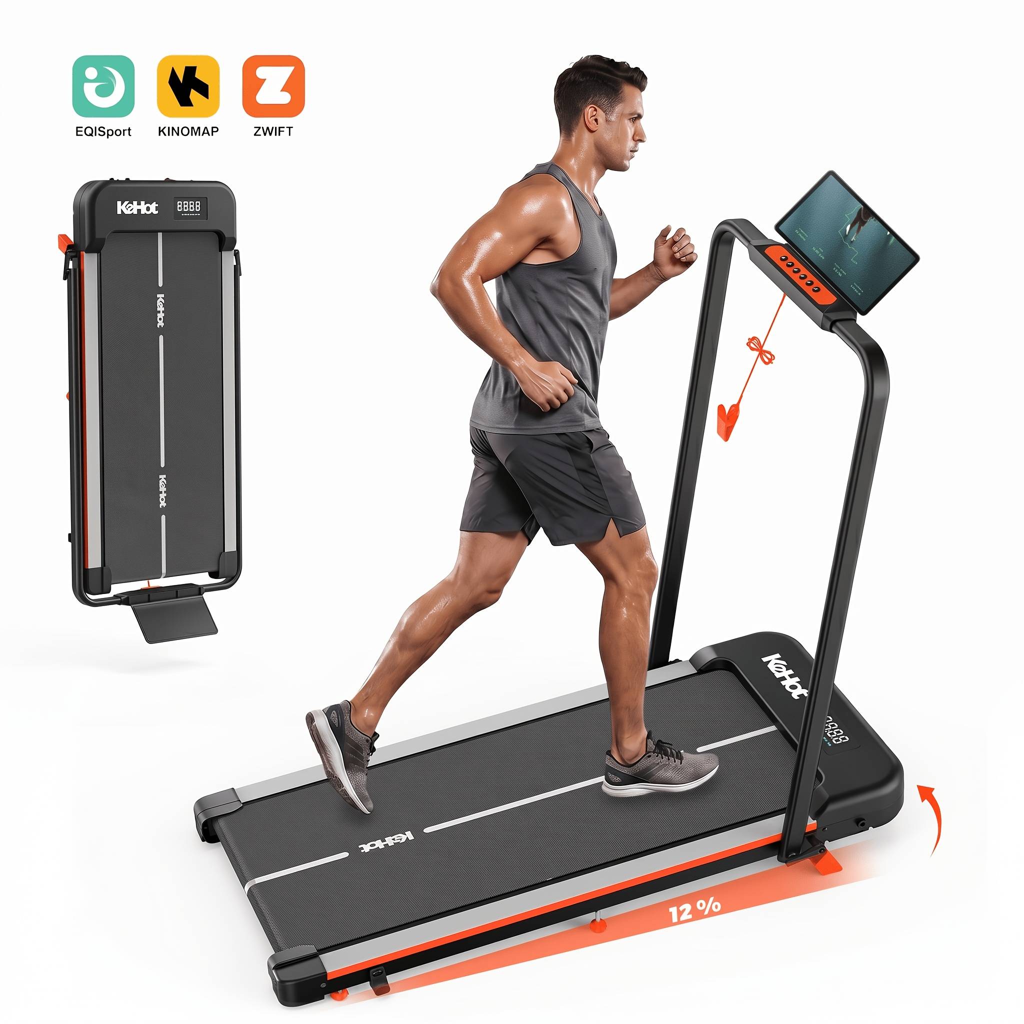 2-in-1 Folding Treadmill With 12% Incline, Up To 6 Km/h Running Speed, Supports Bluetooth Apps And , Foldable Handrails, Tablet Holder, Compact Home Office Treadmill