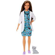 Barbie GJL63 – brunett Barbie veterinärdocka med läkarrock, klänning och kattunge, leksak från 3 år.