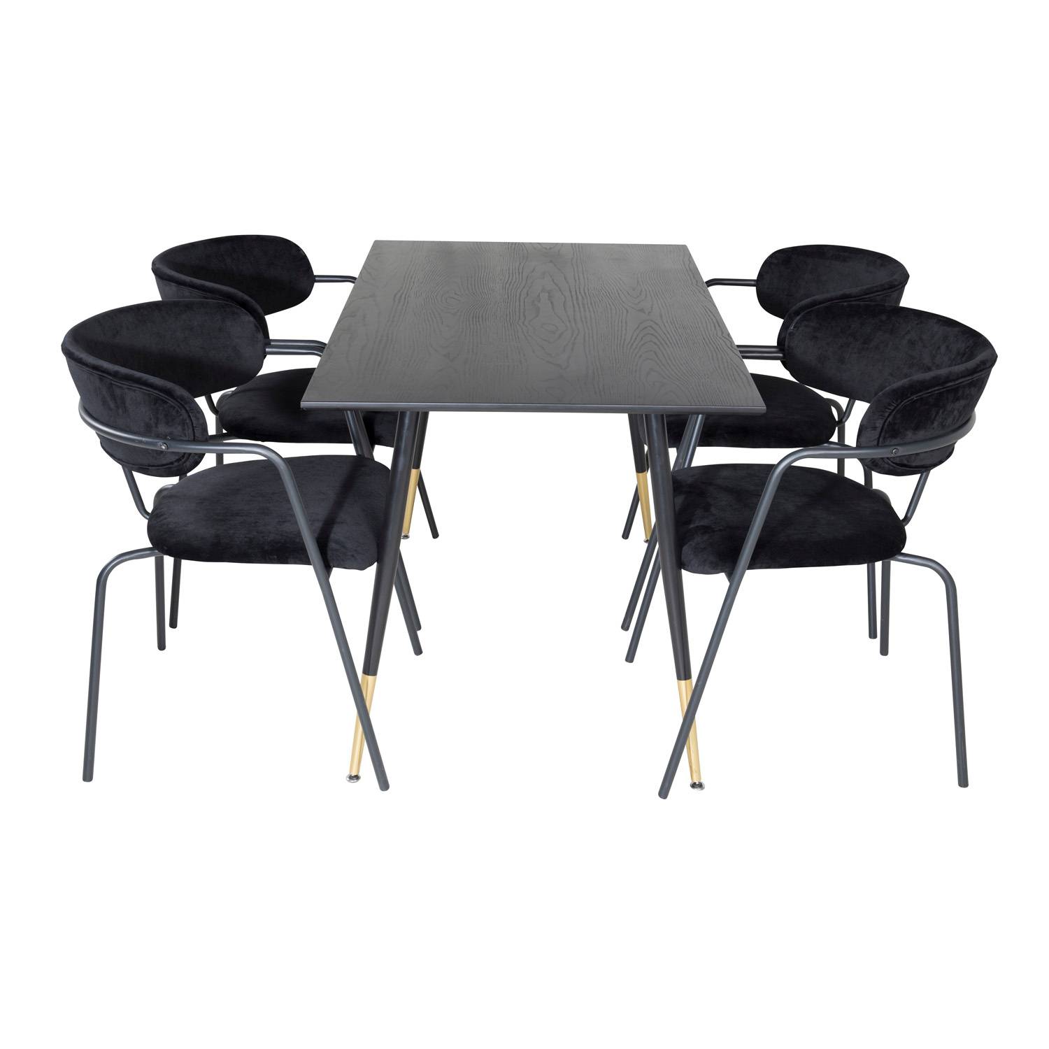 VENTURE DESIGN Dipp spisebordssæt, m. 4 stole - sort finer/messing sort metal, sort fløjl/sort metal
