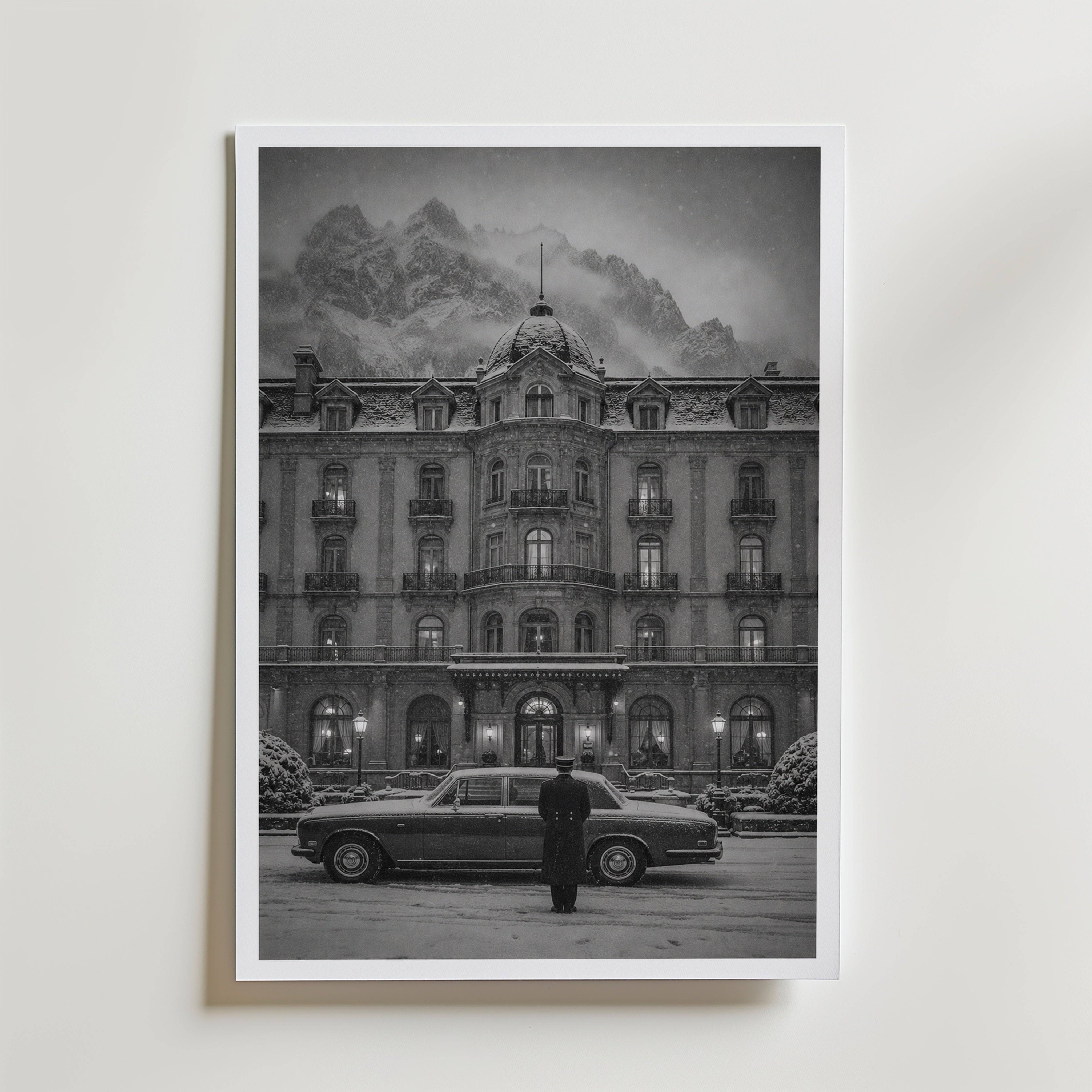 Alpine Hotel in Snowfall Poster - Fine Art Poster 21x30 cm