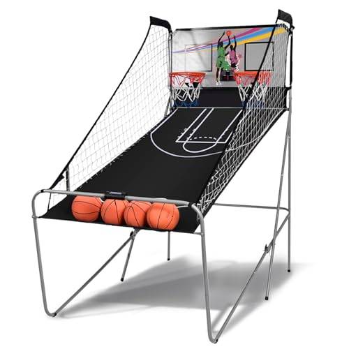 KOMFOTTEU Basketkorguppsättning, dubbel korg vikningsarkad med elektronisk räknare, 8 i 1 Basketskytte maskin med 4 bollar och pump, 202 x 107 x 205 cm (Grå)