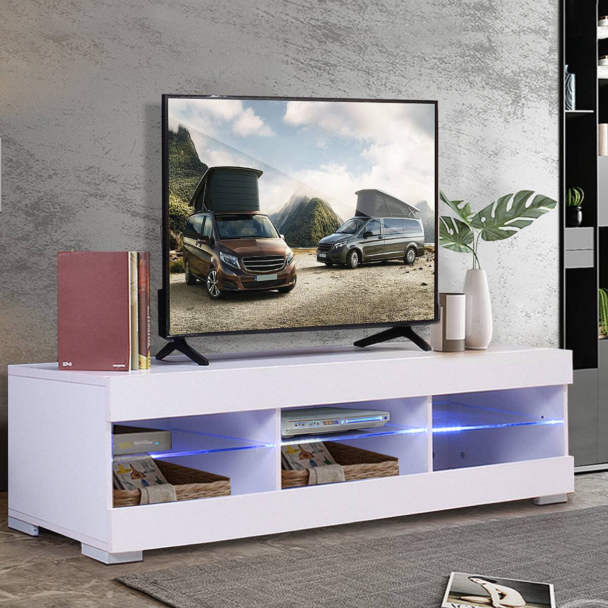 Woodyhome 57 "High Gloss TV-stativ med LED-lampor 6 öppna lager Skåp Modern förvaringshållare Underhållning för hemmet V