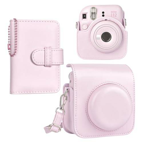 HIYQIN Kamera Fodral Kompatibelt med Fujifilm Instax Mini 12, Polaroid Mini 12 Kamera Väska med en Bärbar Mini Fotoalbum - Blossom Rosa