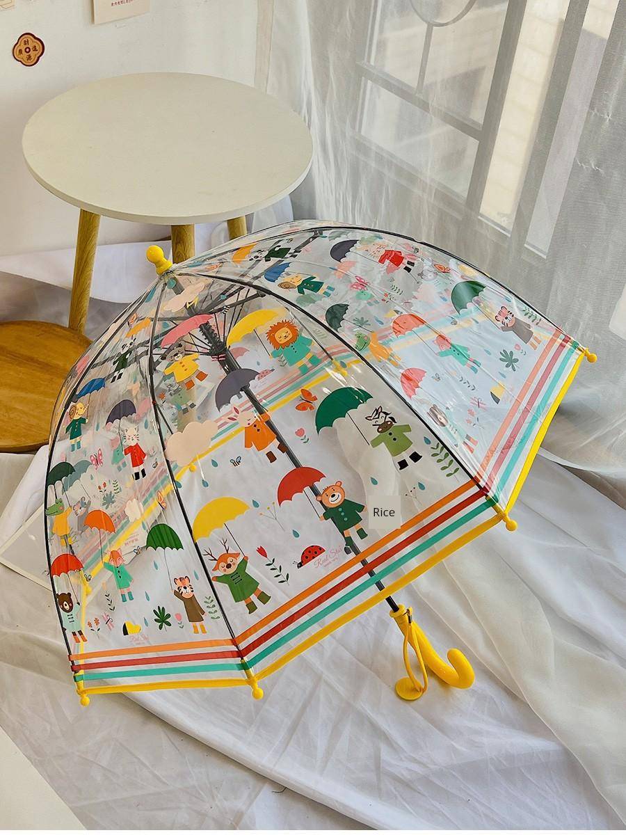 Forest Kingdom Transparent Children's Umbrella Straight Handle Umbrella Cartoon Cute Straight Bar Umbrella Long Handle Umbrella for Students Boys and