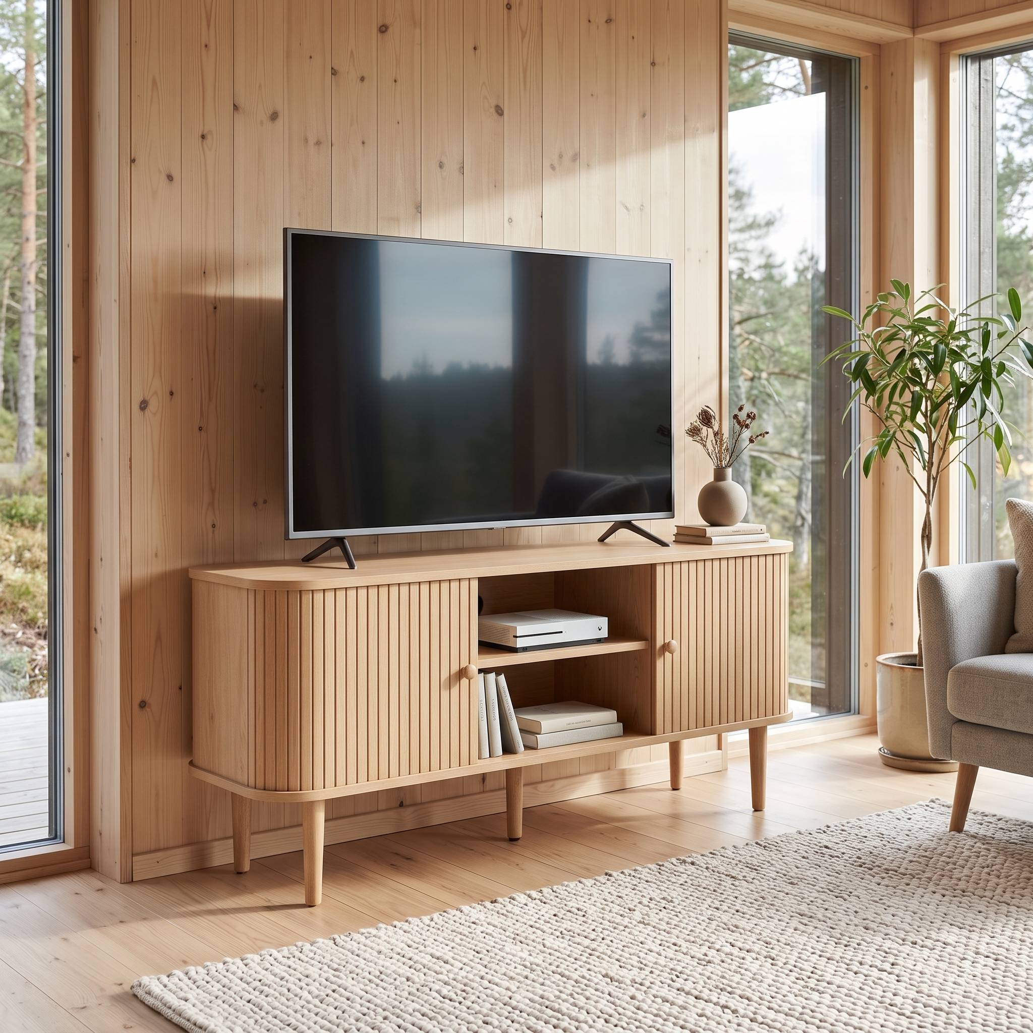 Smoke - TV-bord i lyst træ med to skydedøre og en hylde