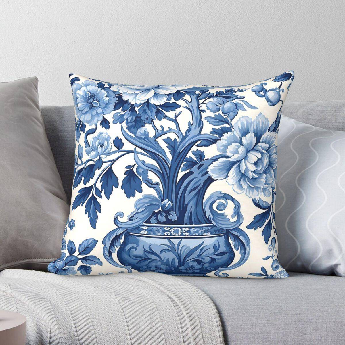 Blå och Vit Chinoiserie Fyrkantigt Kuddfodral Polyester Linne Sammet Kreativ Dragkedja Dekor Kuddfodral Rum Kuddeöverdrag