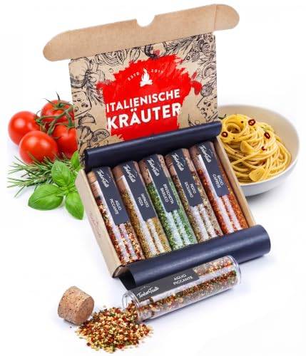 TIMBER TASTE® Italienische Gewürze Geschenkset - 5 mediterrane Mischungen Impasto Pizza Caprese Pesto Aglio Piccante | Antipasti Pasta Männergeschenke Feinkost | Gewürze Set - Geschenke für Männer