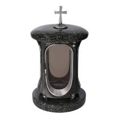 Snygg gravlykta impalagranit (mörk) höjd 23 cm/Ø 15 cm, silver med kors