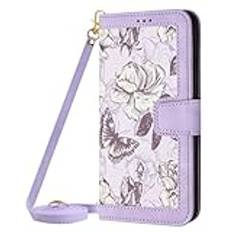 HAOFUGUI PU Läderfodral för Motorola Moto G34, Premium Plånbok Flip fodral, Blomma Case Cover med [kortplatser] [Lanyard] [Stativfunktion] Folio Stöttåligt Skal-Purpur