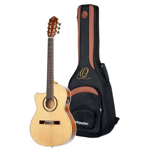 Ortega Guitars 4/4 vänsterhänt konsertgitarr performerserier smal hals Thinline kropp elektrisk akustisk gitarr, natur inklusive Gigbag (RCE138-T4-L)