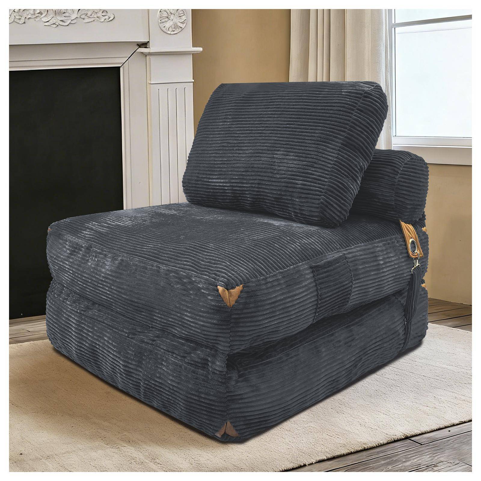 3-in-1 Convertible Corduroy Floor Sofa Bed with Side Pockets, Oversized Chaise Lounge for Bedrooms, 87L x 86W x 40H cm, Gray Aosom UK