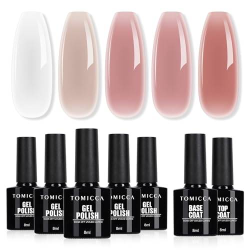 TOMICCA UV-nagellacksset, 5 färger gelnagellack med bas & topbeläggning, mjölkvit rosa naken färger, klar kristallgelé, soak-off UV/LED, nagelkonst startkit