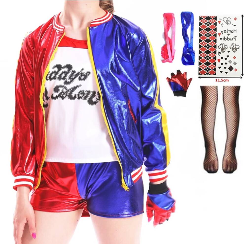(set7, 130(5-6T)) MAVLLY Harley Quinn Costume for Girls Cosplay Suicide Harleen Quinzel Kids Girls Quinn Squad T Shirt Joker Jacket Halloween Costume
