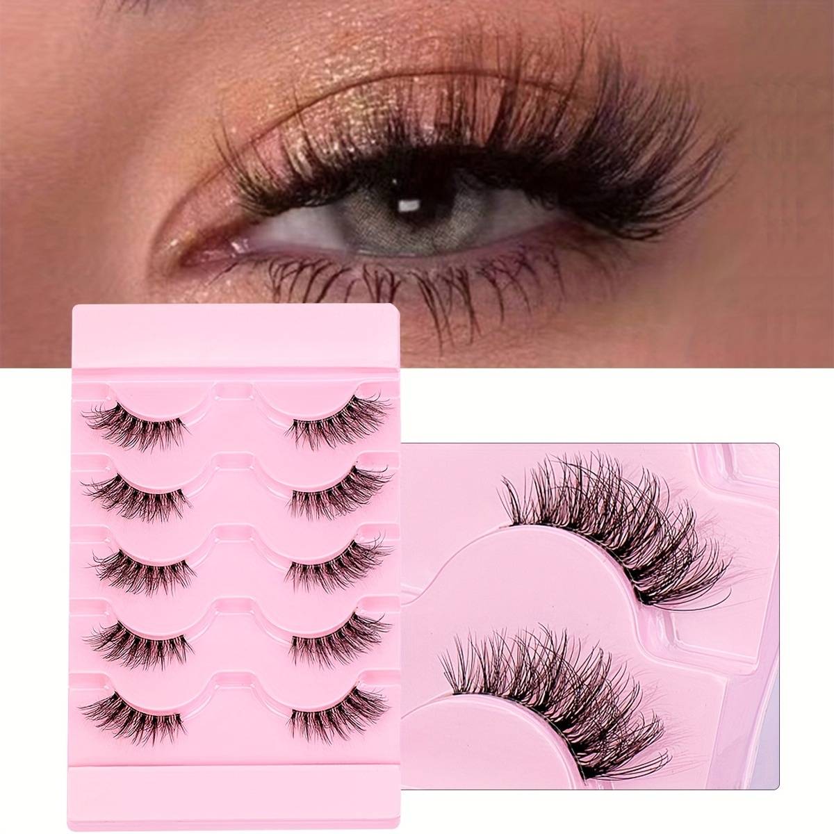 TEMU 5 Pairs Half Eey Lashes Mink Lashes Transparent Stems Natural Fluffy Eyelashes Extension Fake Eyelashes Makeup Tool