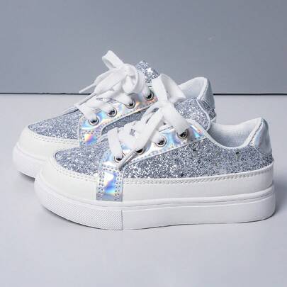 Flickors moderiktiga, glänsande sneakers, vardagliga sportskor för vår/höst - Silver (Multi-size)
