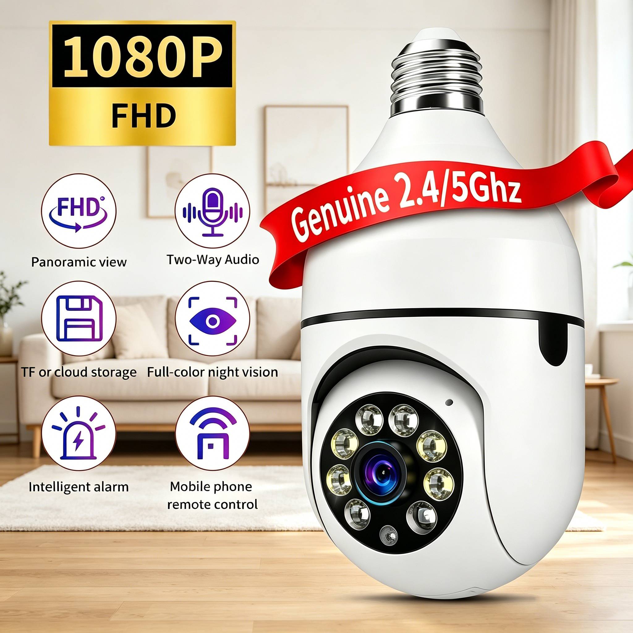 1pc Smart Bulb Security Camera Featuring Night Vision, Black And White Night Vision, Motion Detection, Audio, E27 Threaded Wifi Connectivity, Wide-angle Lens, Streaming, For Home Security Cameras