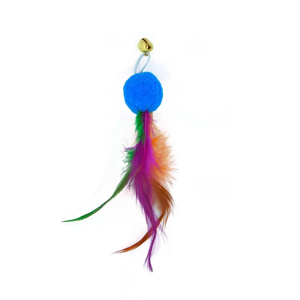 Feather Wand Cat Toy with Bell & Worm String - Interactive Teaser Set - THT-2-Blue