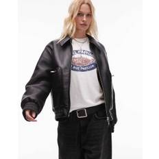 Topshop - Sort bomber-jakke i imiteret læder og rulam - XS