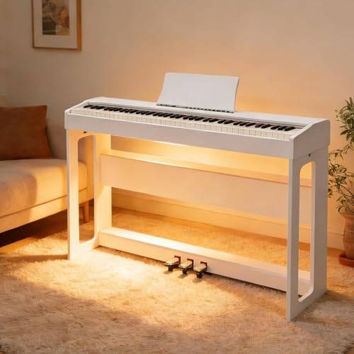 Bonnlo Digitalpiano mit 88 gewichteten Tasten, E-Piano Keyboard mit 3-Pedal-Einheit für Anfänger, Klavier mit MIDI-USB, Doppel-Bluetooth, Stereolautsprechern, 128 Töne und Rhythmen, Weiß