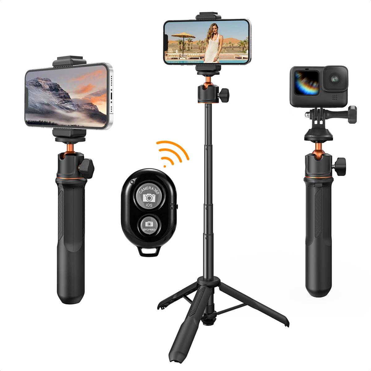 KENTFAITH 23.6‘’/60cm 3 in 1 selfie stick desktop stand with ball head + mobile phone holder + GoPro adapter + Bluetooth remote control MS11