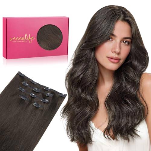 WENNALIFE Clip in Extensions Echthaar, 75g 5pcs 35cm Dunkel Braun Extensions echthaar in Remy Clip in Extensions Natürliche Haarverlängerung Echthaar