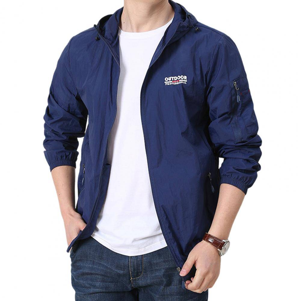 Men Summer Sun Coat Hooded Drawstring Long Sleeve Anti UV Jacket Letter Print Zipper Placket Windbreaker M marinblå färg