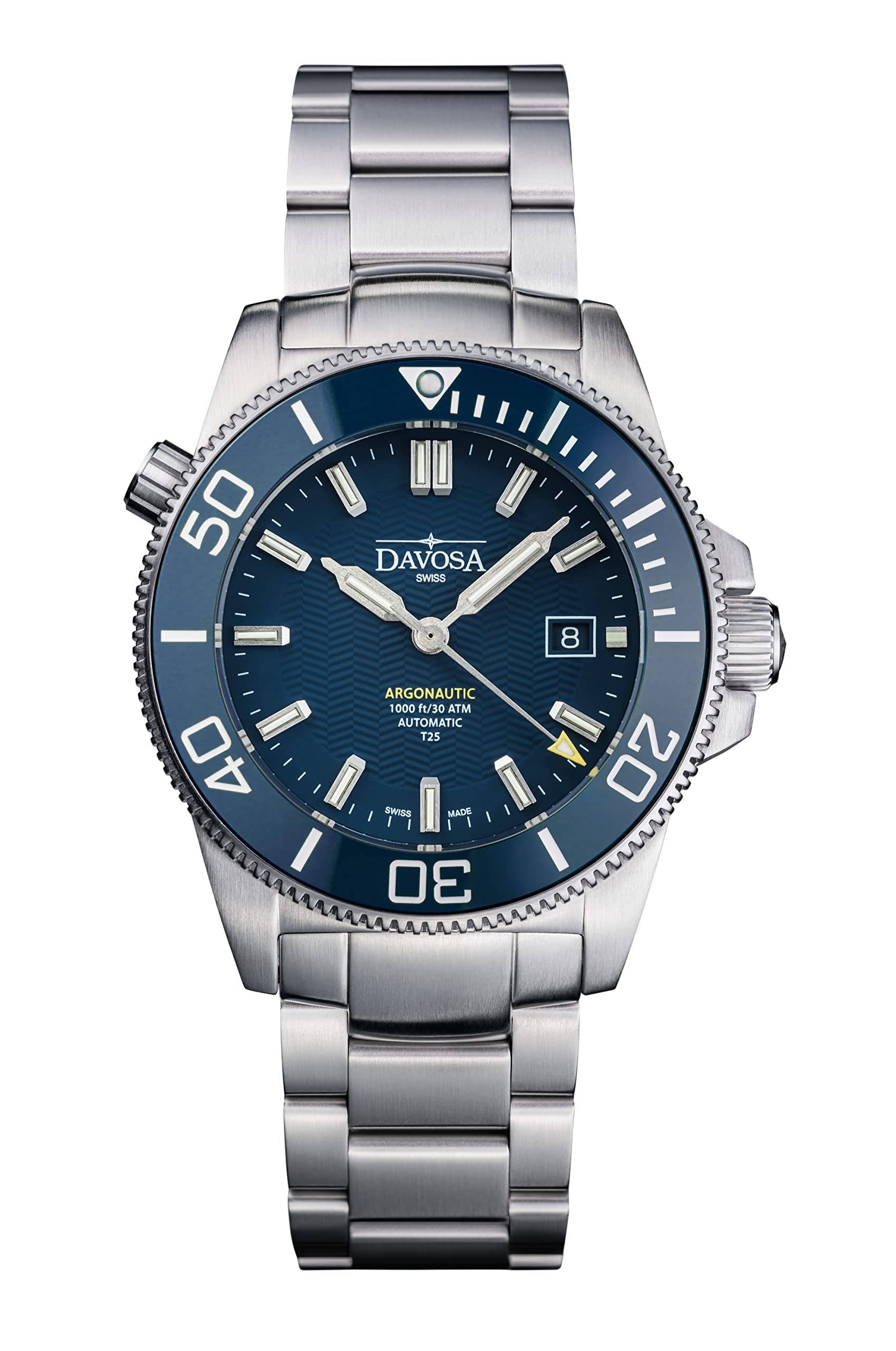 Davosa Automatic Argonautic 30 ATM Water Model Men's Diver's Watch, Lumise, Resistant, Silver, 161.529.40w blå