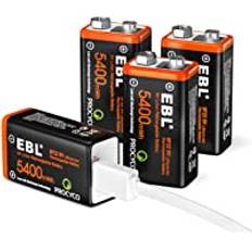 EBL 9 V batterier – USB uppladdningsbara batterier 1,5 V 5 400 mWh, mikro-laddningskabel – snabbladdning på 2 timmar (förpackning med 4)