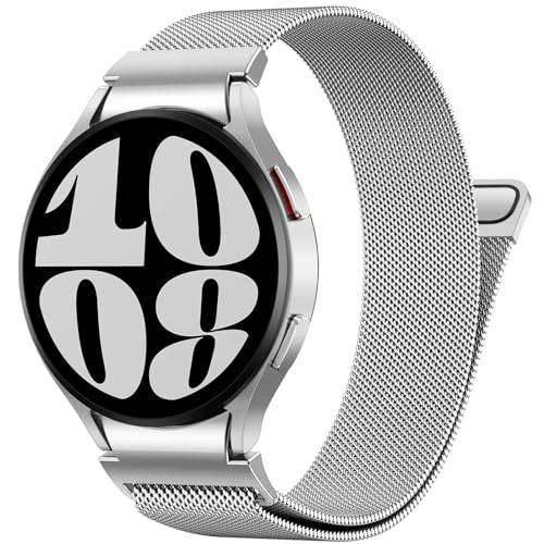 PIOWNN Magnetisk rem kompatibel med Samsung Galaxy Watch 7-4 mm 40-44, enklicksanslutning metall nät ögla band till Galaxy Watch 6 Classic /5 Pro/FE, silver