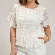 Plus-Size Ladies Elegant Chiffon Lace Stitching Apricot Top, Cute Summer Blouse, Short Sleeved Blouse, Ladies&#39; Date Dress,Fall Clothes For Women Fall - White - 0XL,1XL,2XL,3XL,4XL